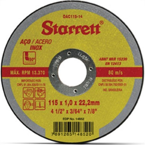 Disco De Corte Para Inox Starrett 4.1/2 X 3/64 X 7/8 Dac115-14 - Kit C/12 Disco De Corte Para Inox Starrett 4.1/2 X 3/64 X 7/8 Dac115-14 - Kit C/12
