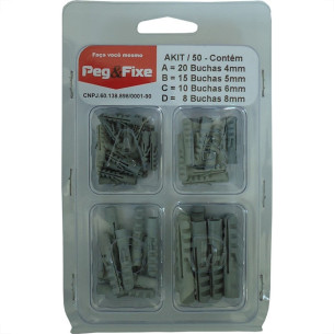 Cartela Bucha Fixacao 4A8Mm Peg&Fixe Kit Com 53 Pecas  Akit/50