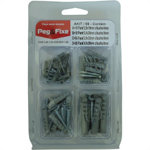 Cartela Bucha Fixacao 4A8Mm+Parafuso Phillips Peg&Fixe Kit 66 Pecas  Akit/69