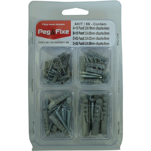 Cartela Bucha Fixacao 4A8Mm+Parafuso Phillips Peg&Fixe Kit 66 Pecas Akit/69 Cartela Bucha Fixacao 4A8Mm+Parafuso Phillips Peg&Fixe Kit 66 Pecas Akit/69
