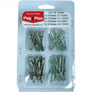 Cartela Rebite Repuxo Aluminio Peg&Fixe Kit 60 Pecas  Akit/64