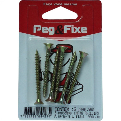 Cartela Parafuso Madeira Phillips Chata 5,0 X 50Mm Peg&Fixe 6 Pecas Apac/10 Cartela Parafuso Madeira Phillips Chata 5,0 X 50Mm Peg&Fixe 6 Pecas Apac/10