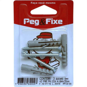 Cartela Bucha Fixacao 08+Parafuso Phillips 4,8 X 50 Peg&Fixe Kit 6 Pecas  Apcb/09