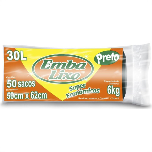 Saco Embalixo Rolo Super Economico Preto 30L Com 50 Sacos 510068 Saco Embalixo Rolo Super Economico Preto 30L Com 50 Sacos 510068