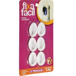 Gancho Adesivo Primafer Branco Plastico 0,5 Kg 6Pecas Pequeno 2501