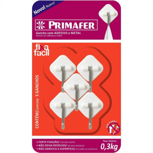 Gancho Adesivo Primafer Branco Plastico/Metal 0,3 Kg 5Peca Losango Pr2561