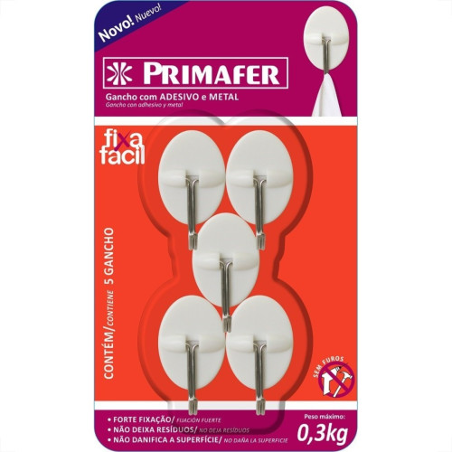 Gancho Adesivo Primafer Branco Plastico/Metal 0,3 1Kg 5 Pecas Oval Pr2562 Gancho Adesivo Primafer Branco Plastico/Metal 0,3 1Kg 5 Pecas Oval Pr2562