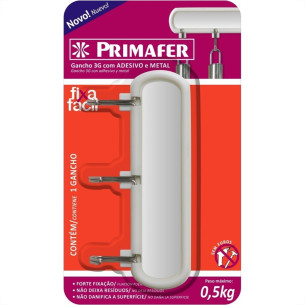 Gancho Adesivo Primafer Branco Plastico/Metal 0,3 Kg 1Peca Com 3 Ganchos Pr2563