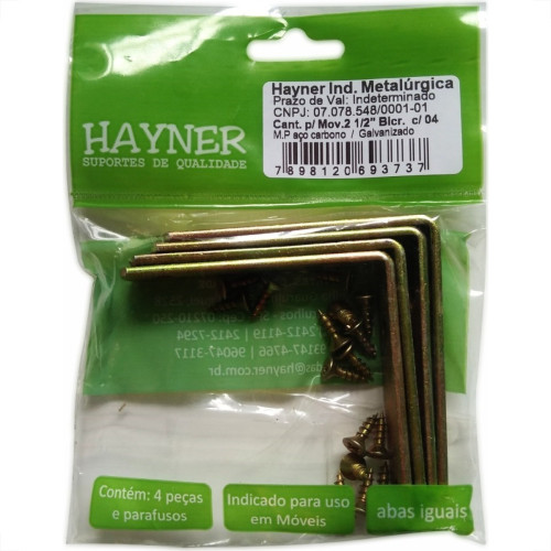 Cantoneira Moveis Hayner Bicromatizada 2.1/2'' 04Pecas 93737 Cantoneira Moveis Hayner Bicromatizada 2.1/2'' 04Pecas 93737