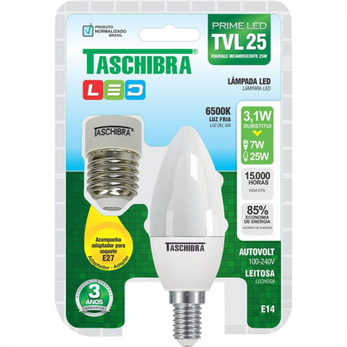 Lampada Led Vela Taschibra 3,1W 6500K Leitosa Tvl25 Lampada Led Vela Taschibra 3,1W 6500K Leitosa Tvl25