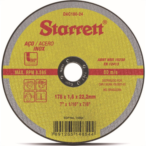 Disco De Corte Para Inox Starrett 7 X 1,6Mm X 7/8 Dac180-24 - Kit C/12 Disco De Corte Para Inox Starrett 7 X 1,6Mm X 7/8 Dac180-24 - Kit C/12