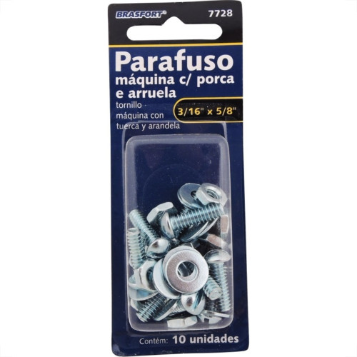 Cartela Parafuso Rosca Maquina Brasfort Redonda 3/16 X 5/8+Porca+Arruela Cartela Com 10 Pecas 7728 Cartela Parafuso Rosca Maquina Brasfort Redonda 3/16 X 5/8+Porca+Arruela Cartela Com 10 Pecas 7728