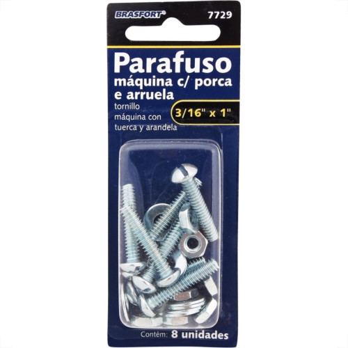 Cartela Parafuso Rosca Maquina Brasfort Redonda 3/16 X 1+Porca+Arruela Cartela Com 10 Pecas 7729 Cartela Parafuso Rosca Maquina Brasfort Redonda 3/16 X 1+Porca+Arruela Cartela Com 10 Pecas 7729