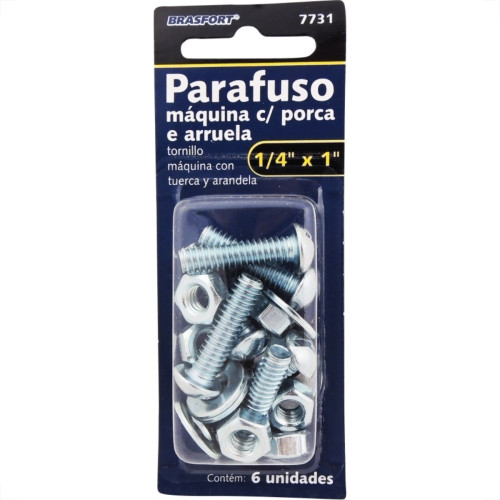 Cartela Parafuso Rosca Maquina Brasfort Tam.G Redonda 1/4 X 1+Porca+Arruela Cartela Com 6 Pecas 7731 Cartela Parafuso Rosca Maquina Brasfort Tam.G Redonda 1/4 X 1+Porca+Arruela Cartela Com 6 Pecas 7731