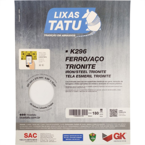 Lixa Ferro Tatu 180 Trionite K29601800025 - Kit C/25 Lixa Ferro Tatu 180 Trionite K29601800025 - Kit C/25