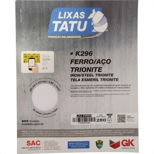 Lixa Ferro Tatu 280 Trionite K29602800025 - Kit C/25 Lixa Ferro Tatu 280 Trionite K29602800025 - Kit C/25