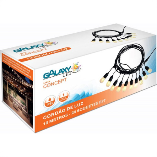 Cordao De Luz Para Decoracao Galaxy 20 Soquetes E-27 10M Ip65 3732 Cordao De Luz Para Decoracao Galaxy 20 Soquetes E-27 10M Ip65 3732