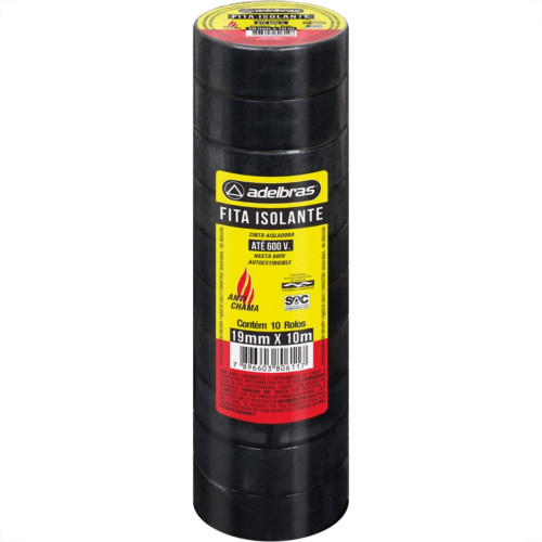 Fita Isolante Adelbras 10Mx19Mm Preta - Kit C/10 Fita Isolante Adelbras 10Mx19Mm Preta - Kit C/10