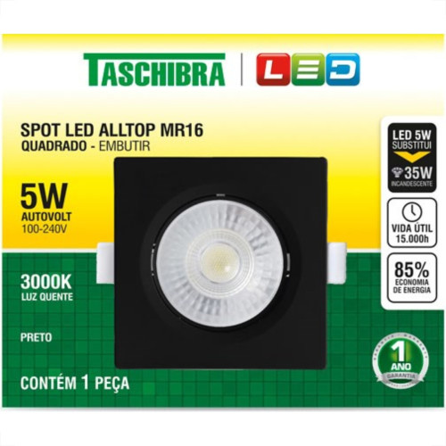 Spot Led Taschibra Alltop Embutir Quadrado Preto 5W 3000K Spot Led Taschibra Alltop Embutir Quadrado Preto 5W 3000K