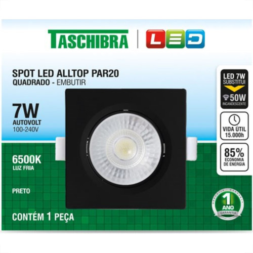 Spot Led Taschibra Alltop Embutir Quadrado Preto Par20 7W 6500K