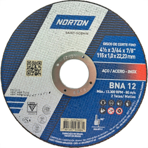 Disco Aco Inox Norton Bna 12 - 4.1/2''X3/64''X7/8''- Fino 1,0Mm Disco Aco Inox Norton Bna 12 - 4.1/2''X3/64''X7/8''- Fino 1,0Mm