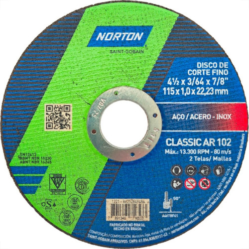 Disco Aco Inox Norton Classic Ar 102 - 4.1/2''X3/64''X7/8'' - Fino 1,0Mm Disco Aco Inox Norton Classic Ar 102 - 4.1/2''X3/64''X7/8'' - Fino 1,0Mm