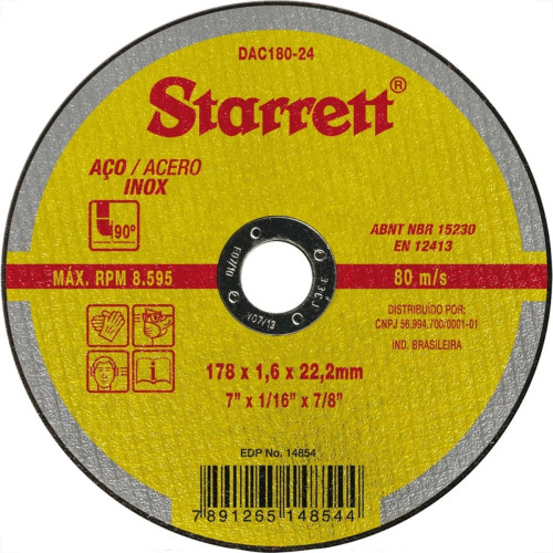 Disco Aco Inox Starrett - 7''X1/6''X7/8'' - Fino 1,6Mm - Dac180-24 - Kit C/12 Pecas Disco Aco Inox Starrett - 7''X1/6''X7/8'' - Fino 1,6Mm - Dac180-24 - Kit C/12 Pecas