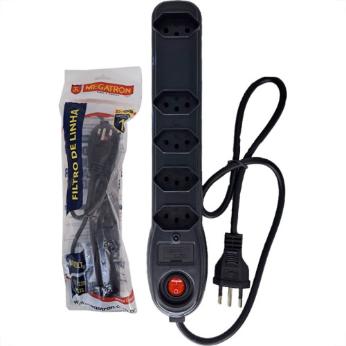 Filtro Linha Megatron 5 Tomadas 2 Polos + Terra Preto Filtro Linha Megatron 5 Tomadas 2 Polos + Terra Preto
