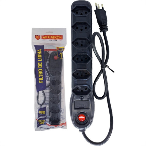 Filtro Linha Megatron 6 Tomadas 2 Polos + Terra Preto Filtro Linha Megatron 6 Tomadas 2 Polos + Terra Preto