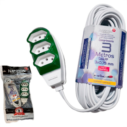 Extensao Naticon Pp 2 Polos + Terra 0,75Mm Branca - 3M Extensao Naticon Pp 2 Polos + Terra 0,75Mm Branca - 3M