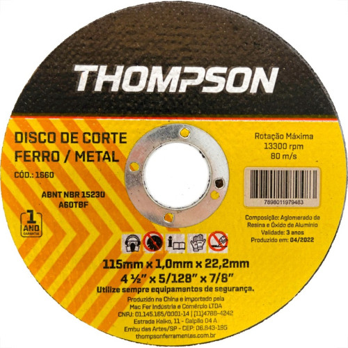 Disco Corte Ferro Thompson 4.1/2''X5/128''X7/8'' - Fino 1,0Mm - 1660 - Kit C/10 Pecas Disco Corte Ferro Thompson 4.1/2''X5/128''X7/8'' - Fino 1,0Mm - 1660 - Kit C/10 Pecas