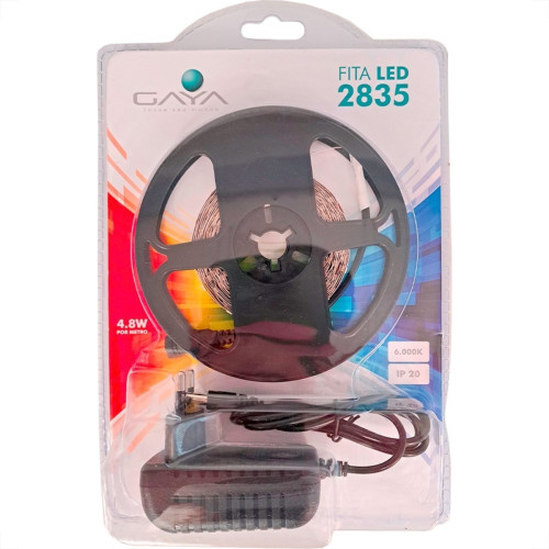 Fita De Led Gaya 2835 - Ip20 6000K - 4,8W. 150 Lumens Por Metro 12V. 5M Com Driver - 9302 Fita De Led Gaya 2835 - Ip20 6000K - 4,8W. 150 Lumens Por Metro 12V. 5M Com Driver - 9302