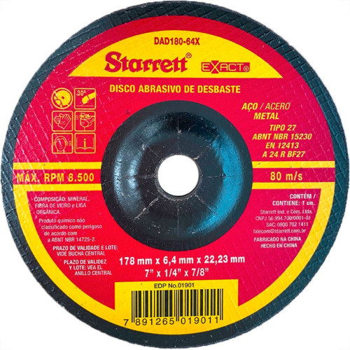 Disco Desbaste Starrett - 7''X1/4''X7/8'' - Dad180-64X - Kit C/6 Pecas Disco Desbaste Starrett - 7''X1/4''X7/8'' - Dad180-64X - Kit C/6 Pecas