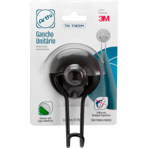 Gancho Metal Arthi Com Fixacao Adesiva 700G Preto - 3437 Gancho Metal Arthi Com Fixacao Adesiva 700G Preto - 3437