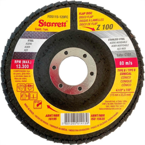 Disco Flap Starrett 4.1/2'' X 7/8''- Grao 100 Disco Flap Starrett 4.1/2'' X 7/8''- Grao 100