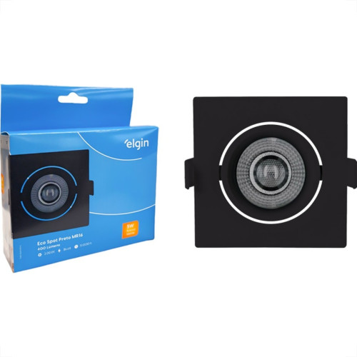 Spot Com Lampada Dicroica Led Elgin 5W. Quadrado Ip20 Mr16 Movel Preto Bivolt 400Lm 3000K.