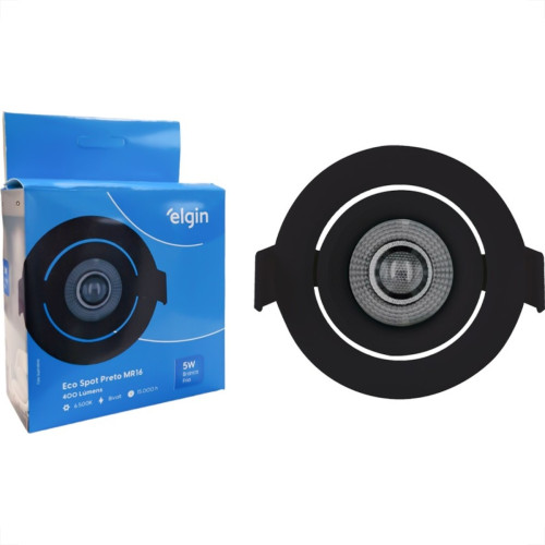 Spot Com Lampada Dicroica Led Elgin 5W. Redondo Ip20 Mr16 Movel Preto Bivolt 400Lm 6500K.