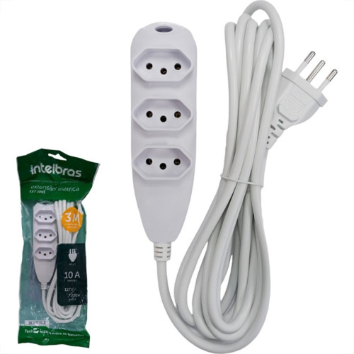 Extensao Intelbras 3 Tomadas 2 Polos + Terra 10A. Branca 3M. - 4830153 Extensao Intelbras 3 Tomadas 2 Polos + Terra 10A. Branca 3M. - 4830153