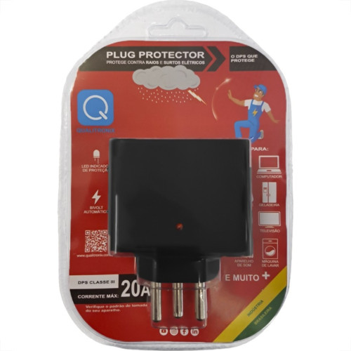 Plug Protetor De Tensao Qualitronix 2 Polos + Terra 20A. Preto Plug Protetor De Tensao Qualitronix 2 Polos + Terra 20A. Preto