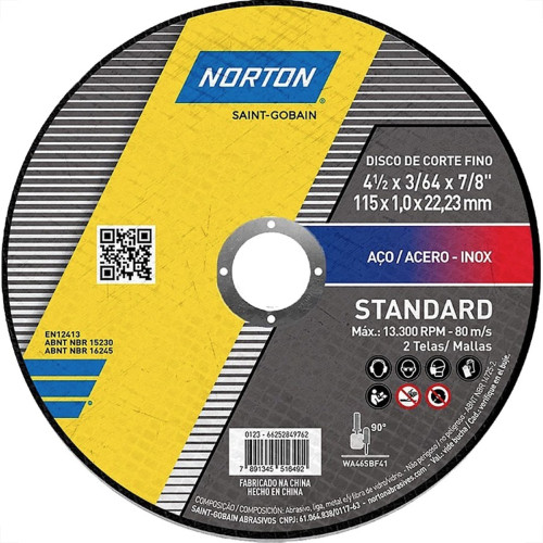 Disco Aco Inox Norton Standart - 4.1/2''X1,0''X7/8'' - Fino Disco Aco Inox Norton Standart - 4.1/2''X1,0''X7/8'' - Fino