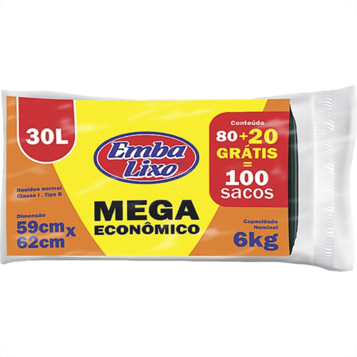 Saco De Lixo Embalixo Mega 30L 59X62Cm Preto Com 100 Pecas Saco De Lixo Embalixo Mega 30L 59X62Cm Preto Com 100 Pecas