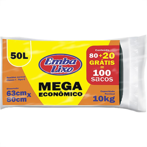 Saco De Lixo Embalixo Mega 50L 63X80Cm Preto Com 100 Pecas Saco De Lixo Embalixo Mega 50L 63X80Cm Preto Com 100 Pecas