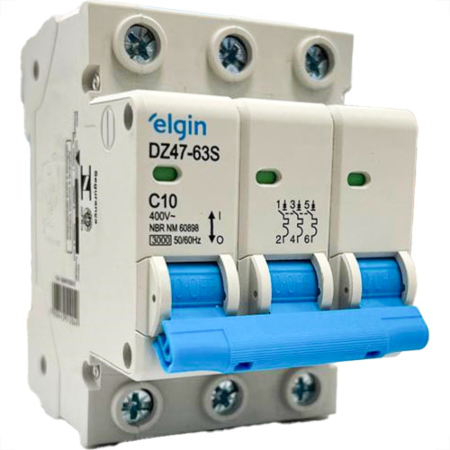Disjuntor Elgin ''Din'' Tripolar Dz47-63S - 10A. Disjuntor Elgin ''Din'' Tripolar Dz47-63S - 10A.