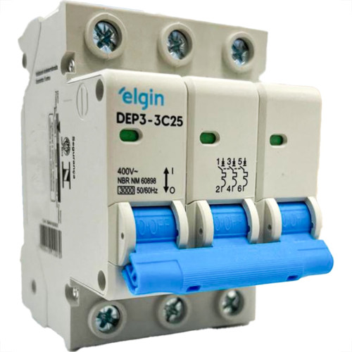 Disjuntor Elgin ''Din'' Tripolar Dep3-3C25 - 25A. Disjuntor Elgin ''Din'' Tripolar Dep3-3C25 - 25A.