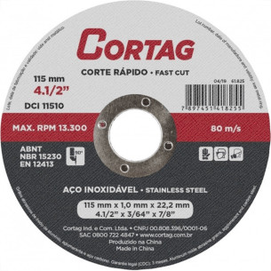 Disco Aco Inox Cortag 4.1/2''X3/64''X7/8'' - Fino 1,0Mm - Kit C/25 Pecas
