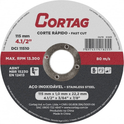 Disco Aco Inox Cortag 4.1/2''X3/64''X7/8'' - Fino 1,0Mm - Kit C/25 Pecas