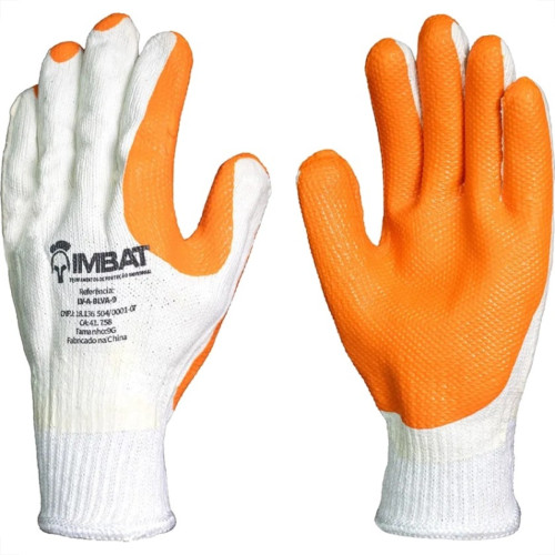 Luva Malha Imbat Palma Emborrachada Laranja Vulcanizado 10 - Gg - Kit C/12 Pecas