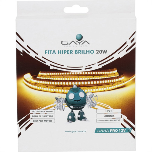 Fita De Led Gaya Hiper Brilho - Ip20 3000K - 20W. 2200 Lumens Por Metro 12V. 5M - 1477