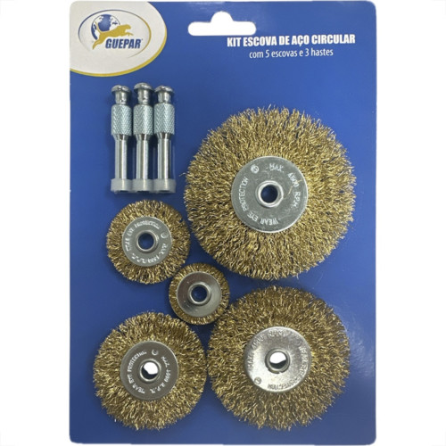 Escova De Aco Jogo Guepar Aco Latonado Circular 5 Pecas Com Haste