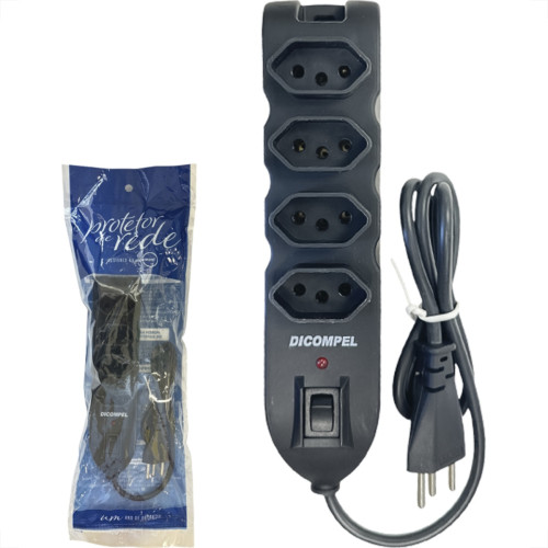 Filtro Linha Dicompel 4 Tomadas 2P+T. Preto 10A. Com Chave Liga Desliga Bivolt - Dc-605/11